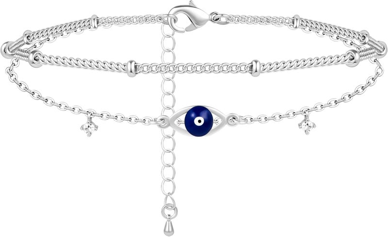 Poxtex Sterling Silver Anklet Bracelets for Women Waterproof, 925 Sliver Plated CZ & Heart Charm Dainty Layer Anklets for Women Trendy, Simple Chain Anklets Set Gifts for Women, Mother Day Jewelry Gifts for Her Women Mom Wife Girlfriend - Image 1
